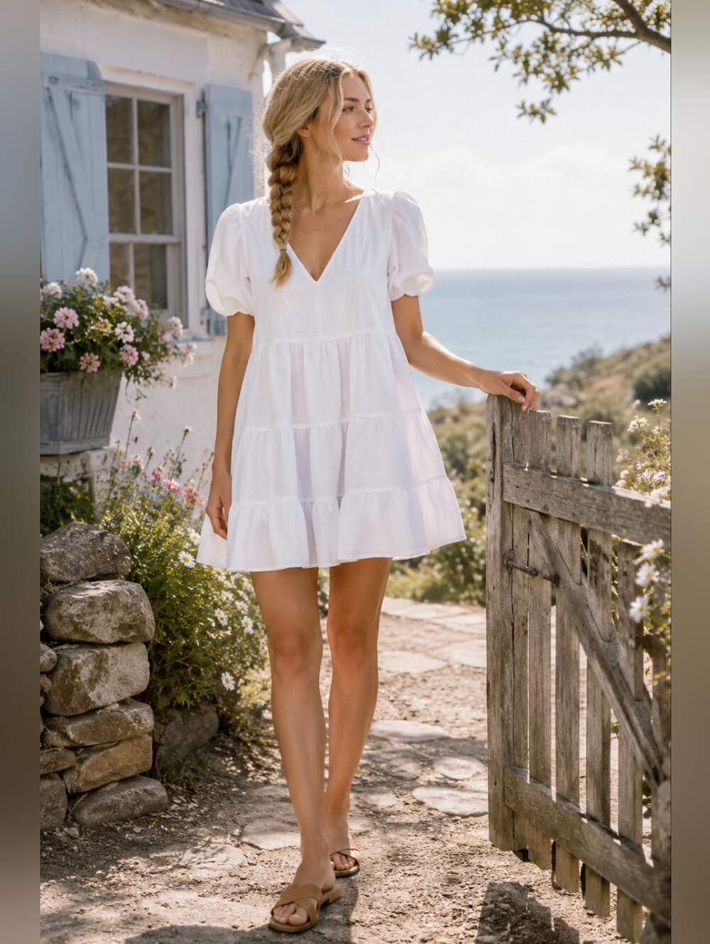 Zara White Linen Blend Tiered Puff Sleeve Babydoll Dress Cottagecore Women's XS